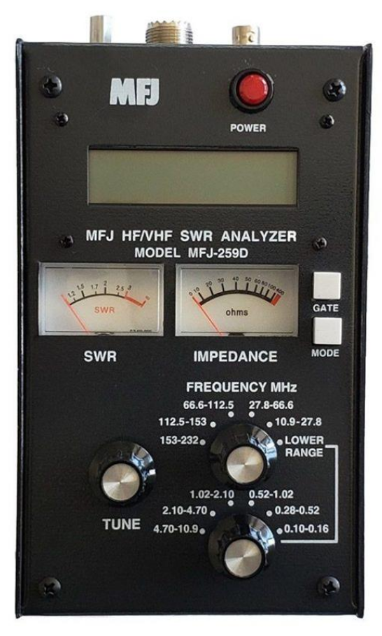 MFJ-259D antenna analyzer on a workbench
